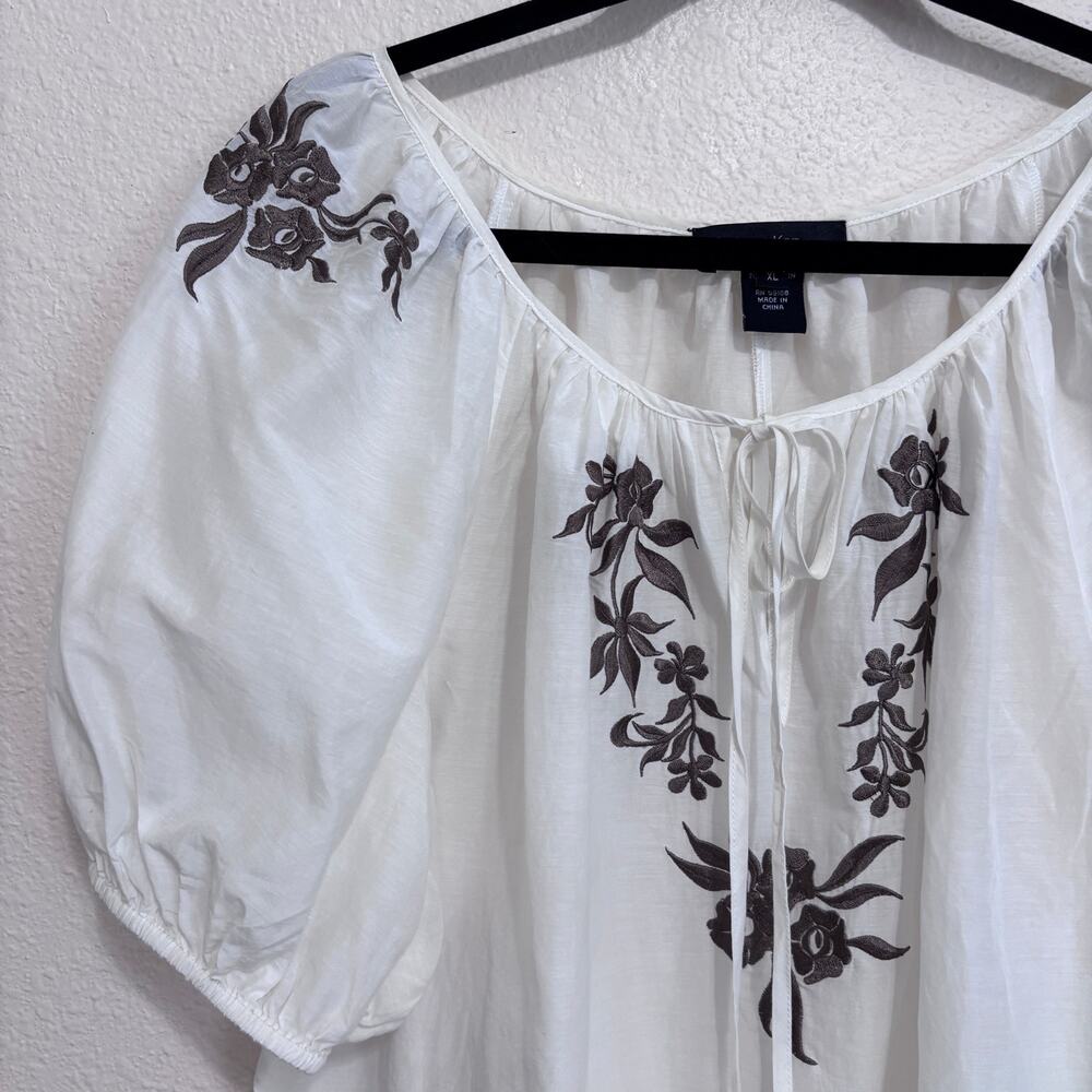 Karen Kane XL Silk Cotton Blouse White Embroidered Boho Peasant Puff Sleeve